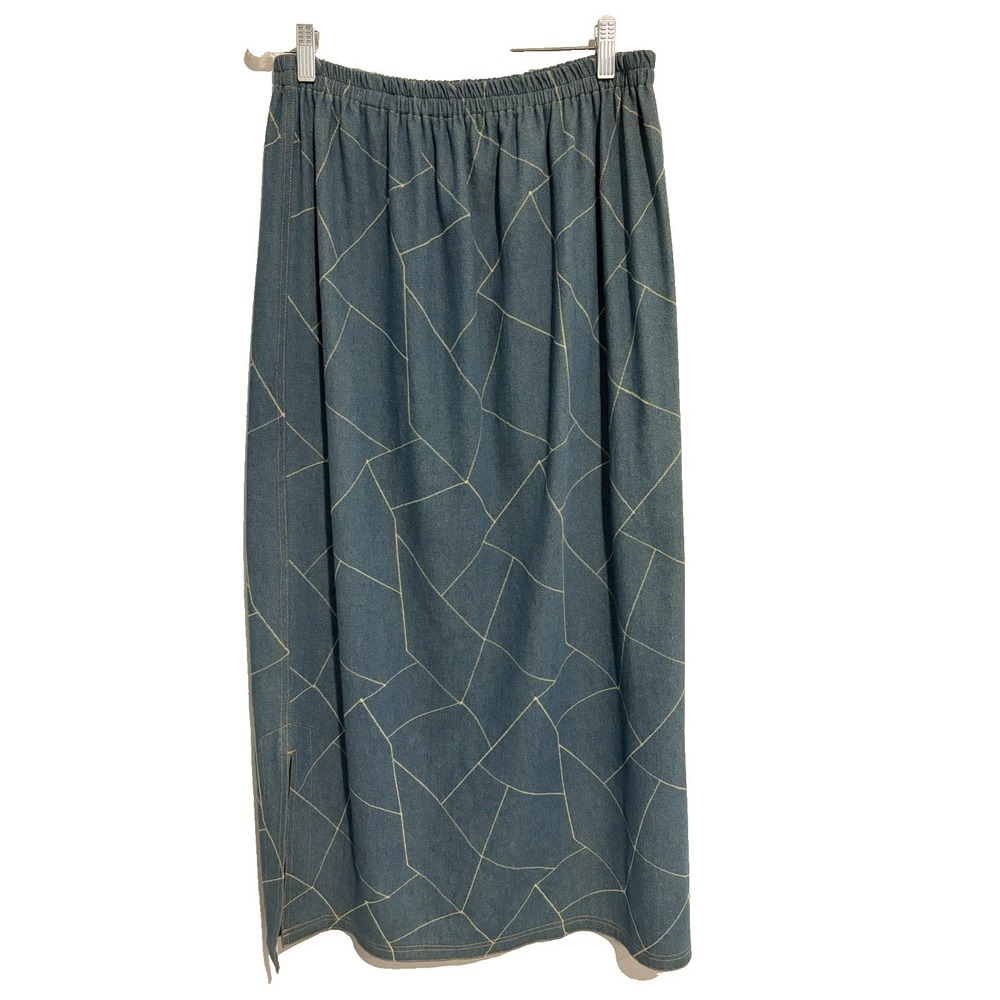 Blue Denim Embroidered Patchwork Maxi Skirt~Sz XL~Retro 70s Boho Festival Hippie